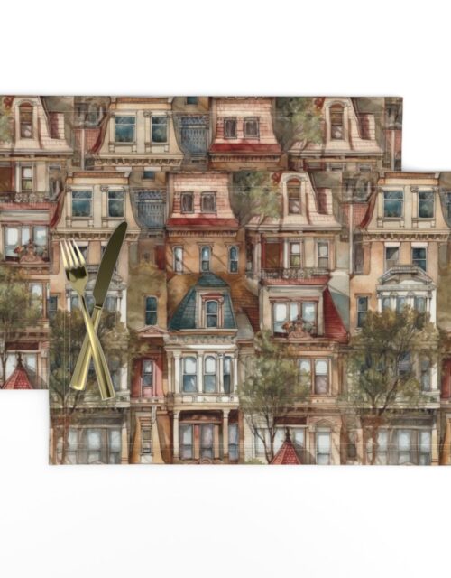 Brownstone Buildings in Varied Tones of Brown Watercolor Placemats