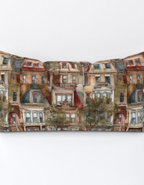 Brownstone Buildings in Varied Tones of Brown Watercolor Lumbar Throw Pillow