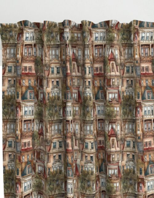 Brownstone Buildings in Varied Tones of Brown Watercolor Curtains