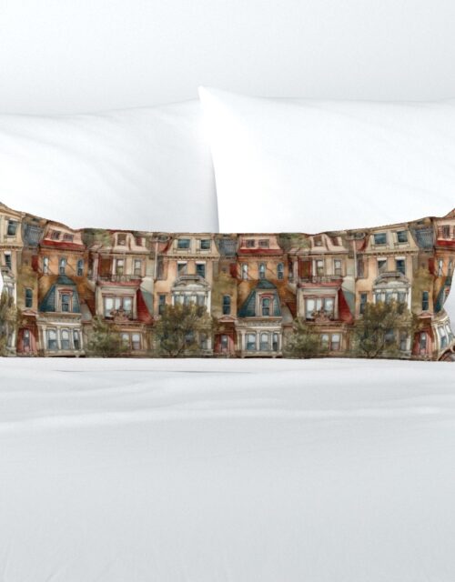 Brownstone Buildings in Varied Tones of Brown Watercolor Extra Long Lumbar Pillow