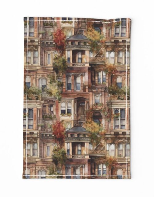 Brownstone Buildings in Varied Tones of Brown Watercolor Tea Towel