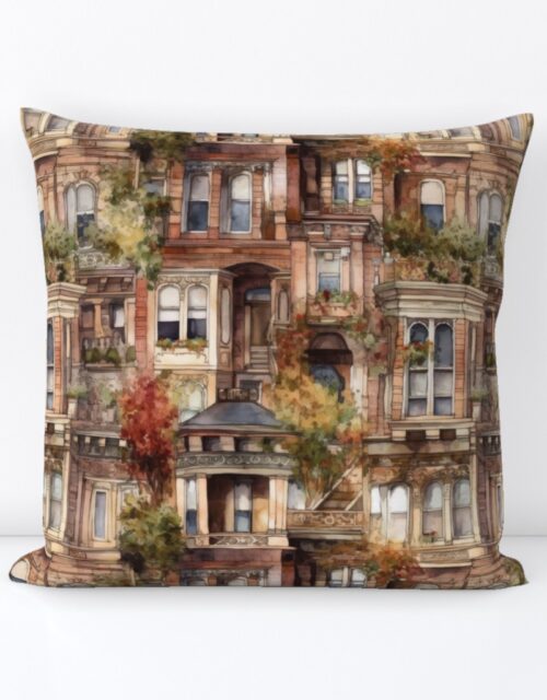 Brownstone Buildings in Varied Tones of Brown Watercolor Square Throw Pillow