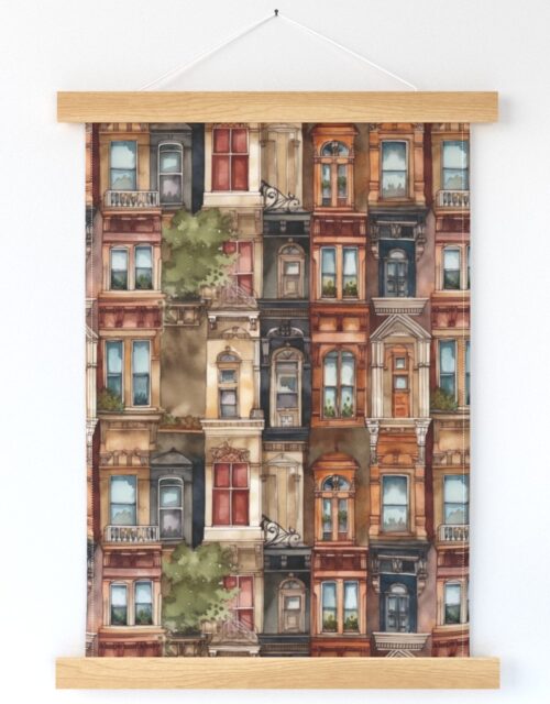 Brownstone Buildings in Varied Tones of Brown Watercolor Wall Hanging
