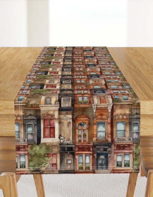 Brownstone Buildings in Varied Tones of Brown Watercolor Table Runner