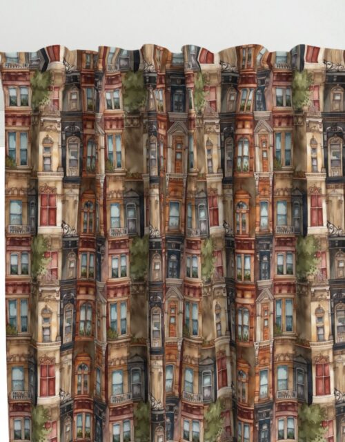 Brownstone Buildings in Varied Tones of Brown Watercolor Curtains