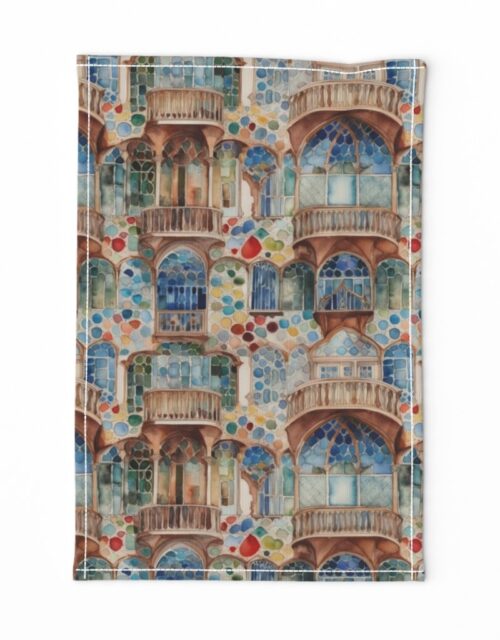 Barcelona House Architectural Detail in Windows, Columns, Arches and Balustrades Tea Towel
