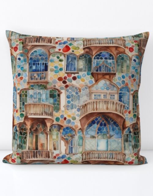 Barcelona House Architectural Detail in Windows, Columns, Arches and Balustrades Square Throw Pillow
