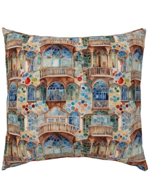 Barcelona House Architectural Detail in Windows, Columns, Arches and Balustrades Euro Pillow Sham