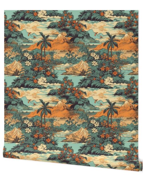 Small Vintage Hawaiian Landscape in Teal and Orange Wallpaper