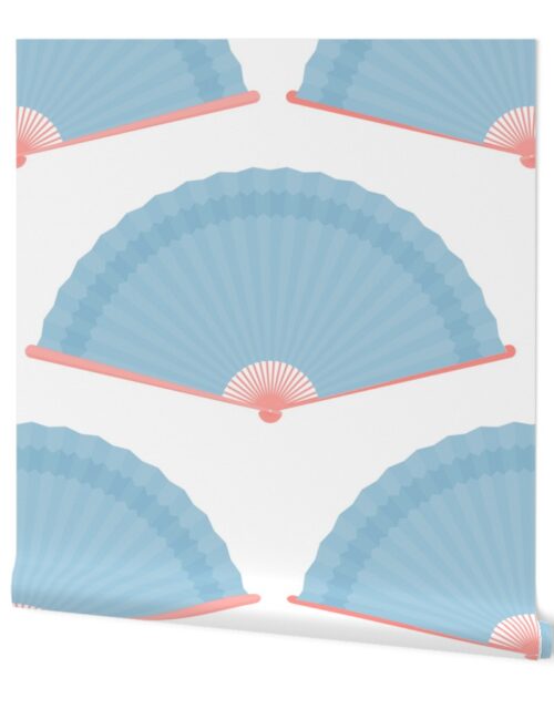 Jumbo Powder Blue and Pink Splayed Fans on White Wallpaper