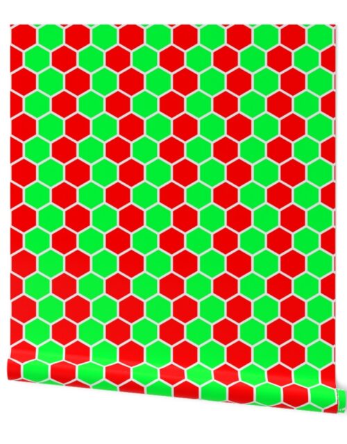 Honeycomb Hexagons in Neon Green and Red Wallpaper