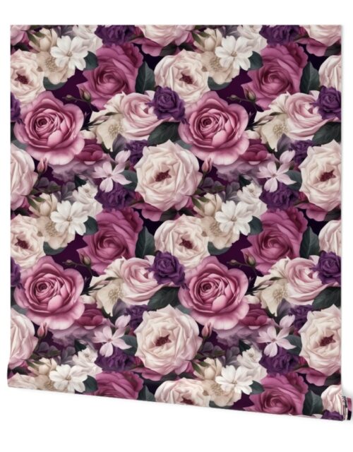 Densely Packed Jumbo Floral Rose Blossoms in Pink, Violet and White Wallpaper