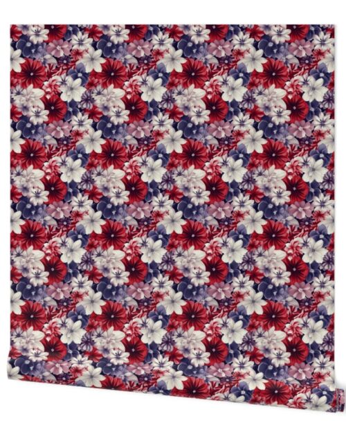 Densely Packed Jumbo Floral Rose Blossoms in Red, Violet and White Wallpaper
