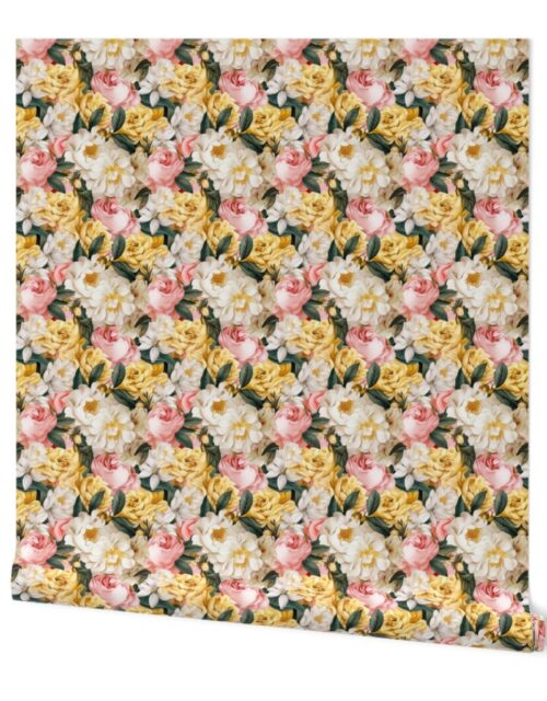Densely Packed Jumbo Floral Rose Blossoms in Yellow, Pink and White Wallpaper