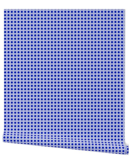 White on Cobalt Blue Rattan Caning Pattern Wallpaper