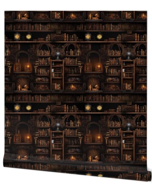 Spooky Photo-realisticSmall Dark Academia Stampunk Bookshelves in Muted Tones with Glowing Candles and Skulls Wallpaper
