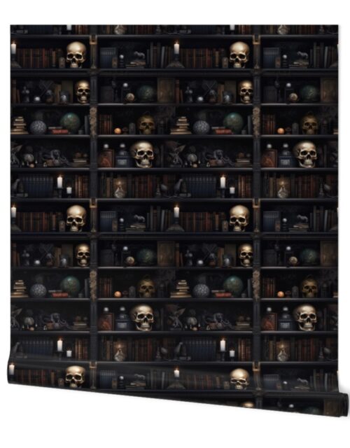 Small Spooky Photo-realistic Dark Academia Bookshelves in Muted Tones with Glowing Candles and Skulls Wallpaper