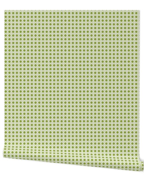 White on Grass Green Rattan Caning Pattern Wallpaper