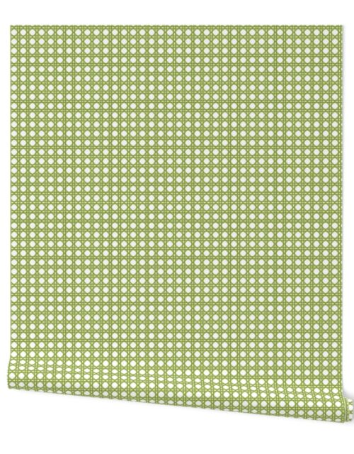 Grass Green  on White Rattan Caning Pattern Wallpaper