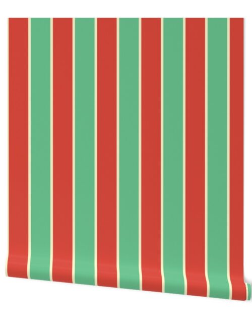 3 Inch Red Vermillion, Green and Yellow Gold Vintage Christmas Stripe Wallpaper