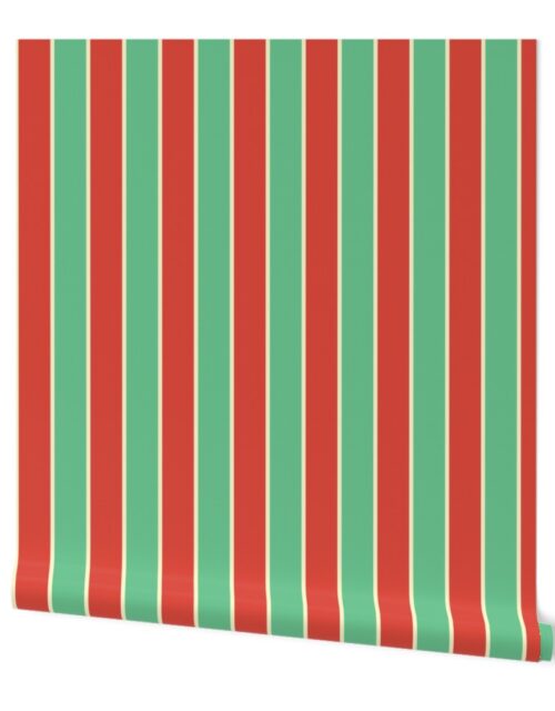 2 Inch Red Vermillion, Green and Yellow Gold Vintage Christmas Stripe Wallpaper