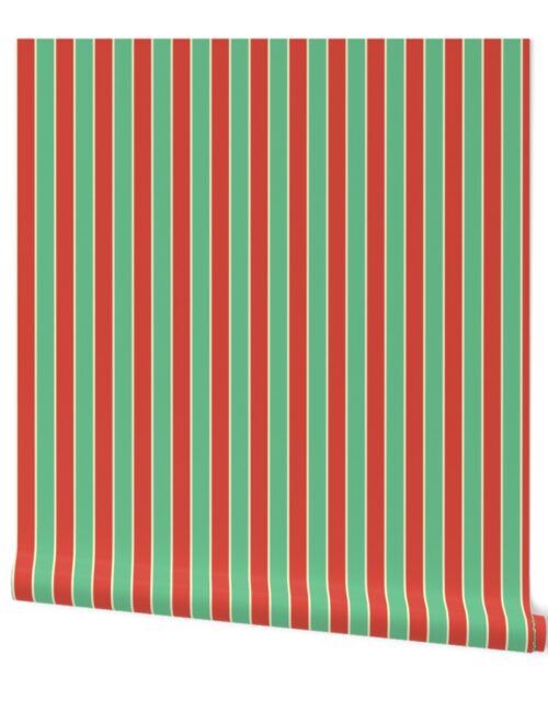 1 Inch Red Vermillion, Green and Yellow Gold Vintage Christmas Stripe Wallpaper