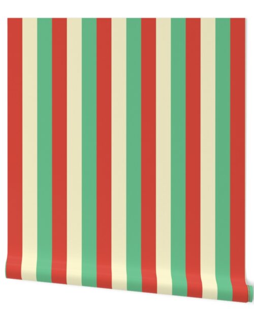 Equal 2 Inch Red Vermillion, Green and Yellow Gold Vintage Christmas Stripe Wallpaper
