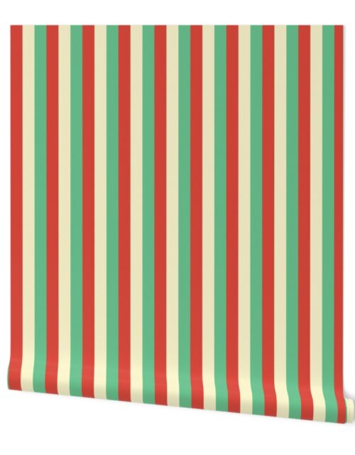 Equal 1 Inch Red Vermillion, Green and Yellow Gold Vintage Christmas Stripe Wallpaper