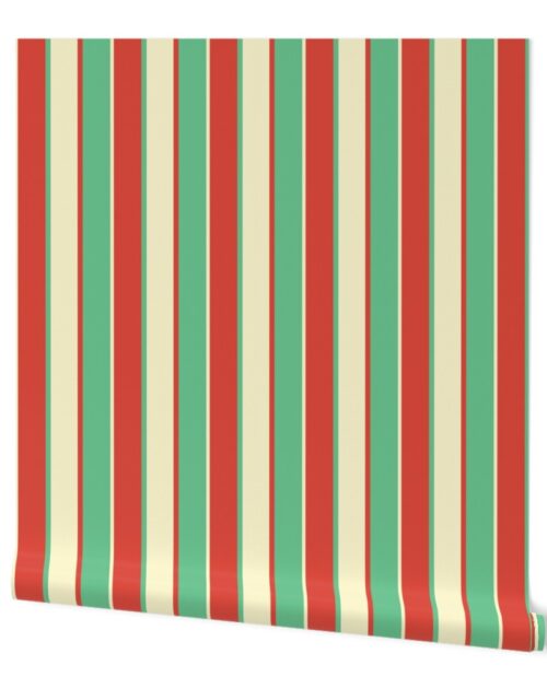 Alternating Red Vermillion, Green and Yellow Gold Vintage Christmas Stripe Wallpaper