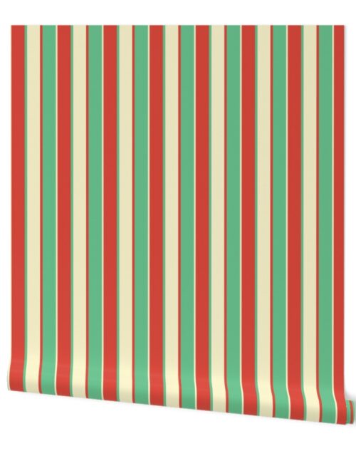 Small Alternating Red Vermillion, Green and Yellow Gold Vintage Christmas Stripe Wallpaper