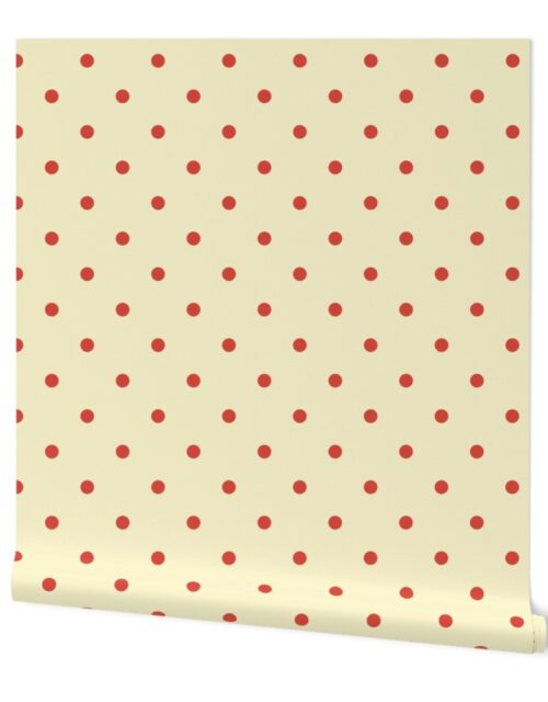 Red Vermillion Polka Dots on Vintage Christmas Yellow Gold Wallpaper