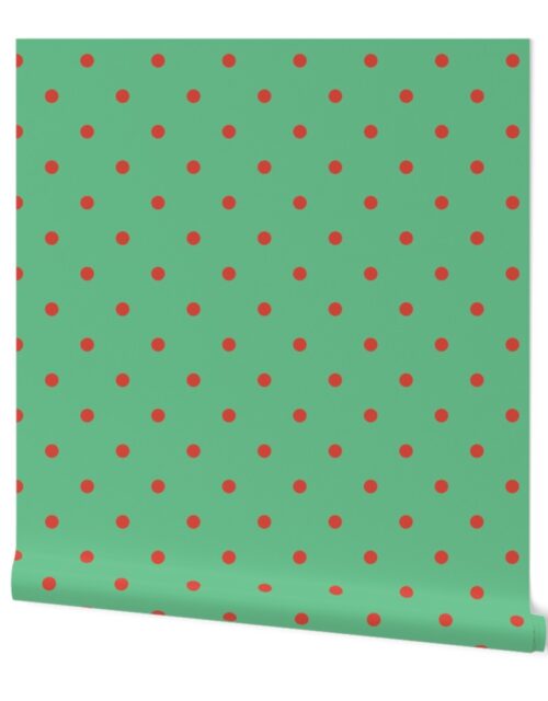 Red Vermillion Polka Dots on Vintage Christmas Green Wallpaper