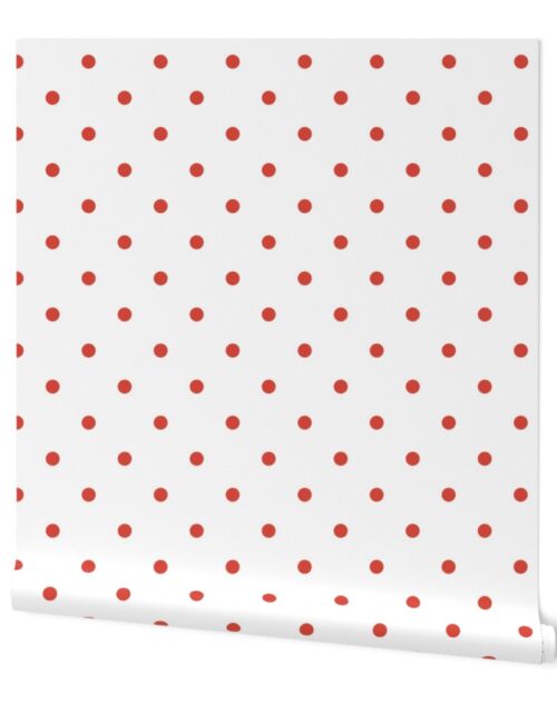 Red Vermillion Polka Dots on Vintage Christmas Snowy White Wallpaper