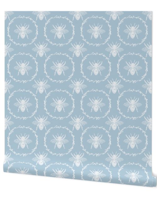 Large French Provincial Bees in Laurel Wreaths in White on Sky Blue Wallpaper