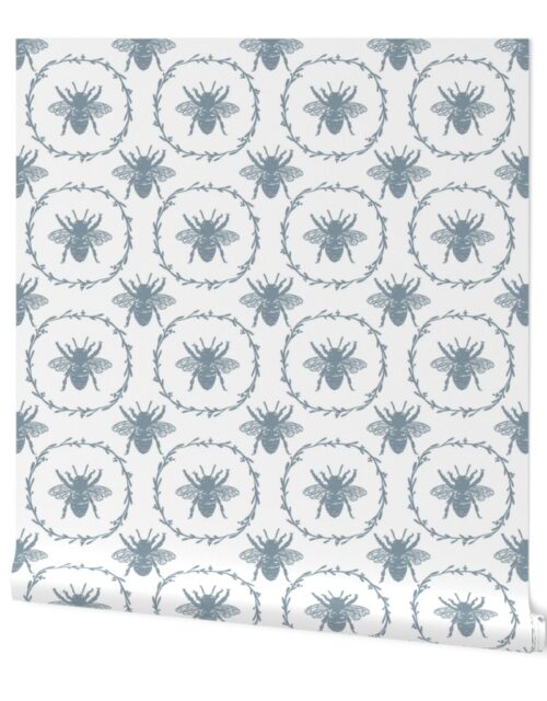 Large French Provincial Bees in Laurel Wreaths in Winter Blue on White Wallpaper