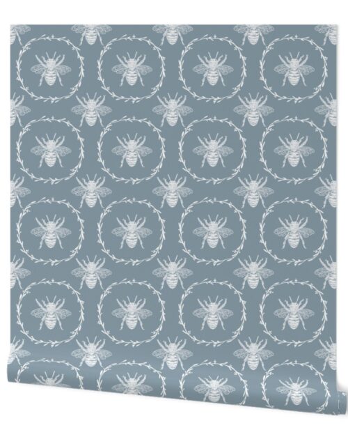 Large French Provincial Bees in Laurel Wreaths in White on Winter Blue Wallpaper