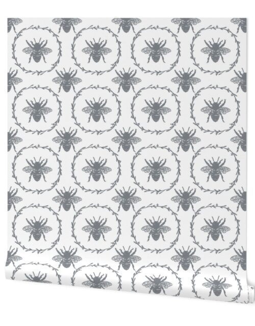 Large French Provincial Bees in Laurel Wreaths in Grey Blue on White Wallpaper