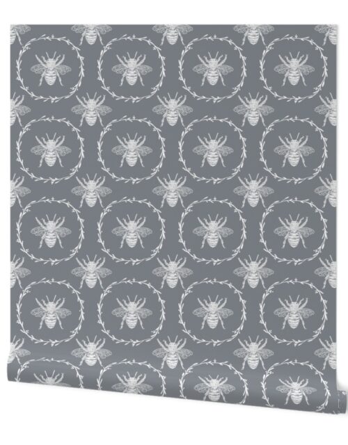 Large French Provincial Bees in Laurel Wreaths in White on Grey Blue Wallpaper