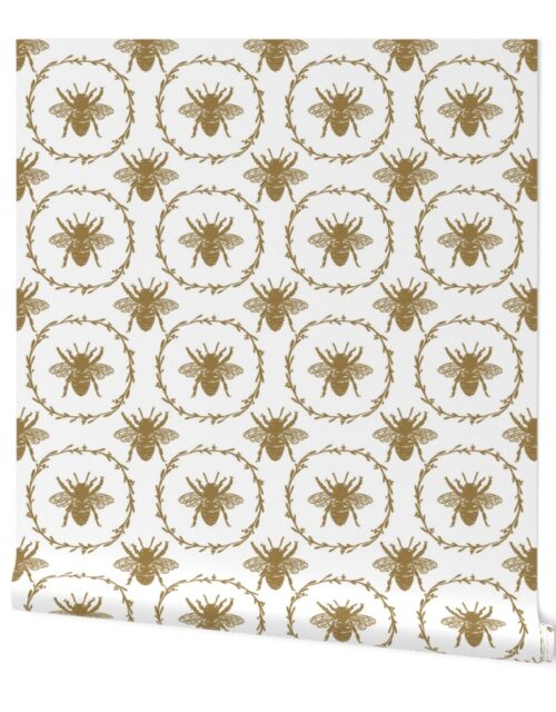 Large French Provincial Bees in Laurel Wreaths in Tan on White Wallpaper