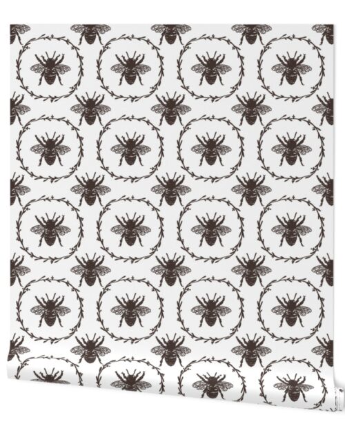 Large French Provincial Bees in Laurel Wreaths in Chocolate on White Wallpaper