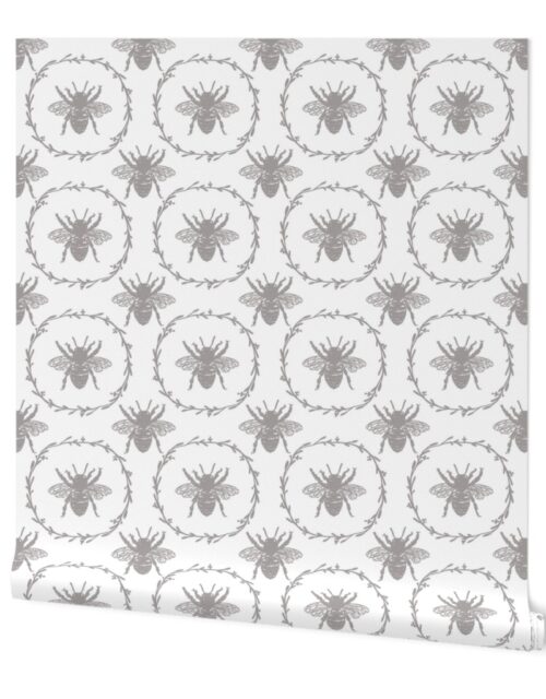 Large French Provincial Bees in Laurel Wreaths in Fawn on White Wallpaper