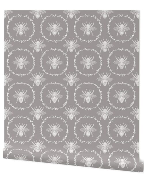 Large French Provincial Bees in Laurel Wreaths in White on Fawn Wallpaper