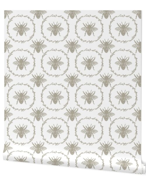 Large French Provincial Bees in Laurel Wreaths in Beige on White Wallpaper