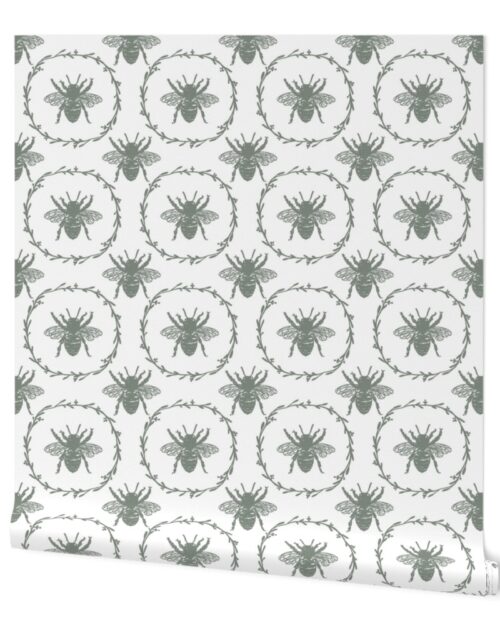 Large French Provincial Bees in Laurel Wreaths in Sage Green on White Wallpaper