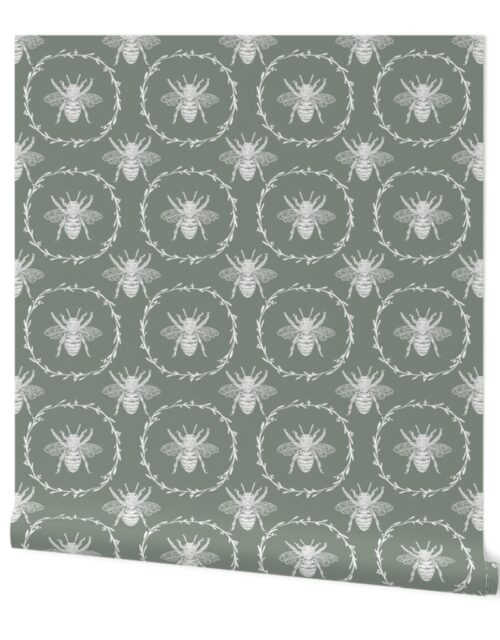 Large French Provincial Bees in Laurel Wreaths in White on Sage Green Wallpaper