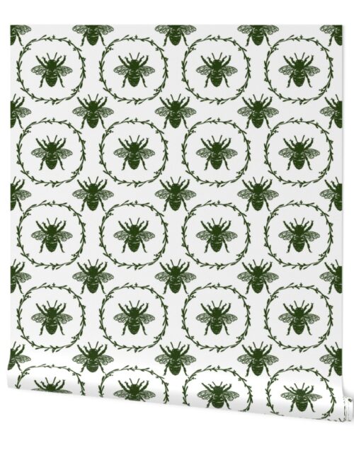 Large French Provincial Bees in Laurel Wreaths in Lichen Green on White Wallpaper