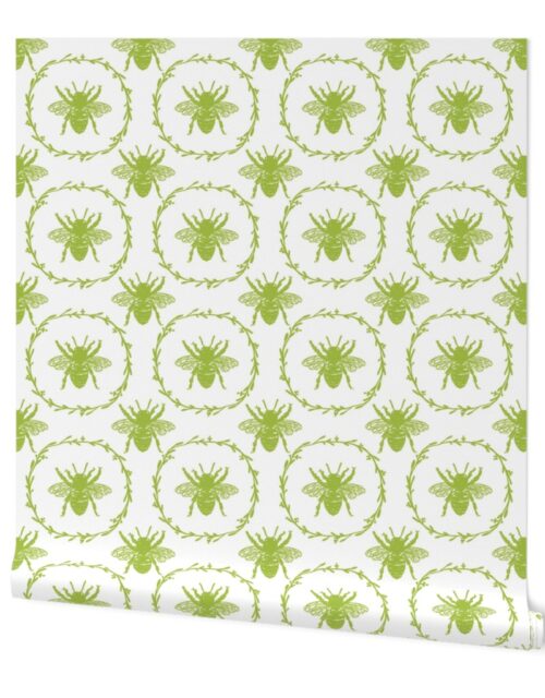 Large French Provincial Bees in Laurel Wreaths in Fresh Green on White Wallpaper