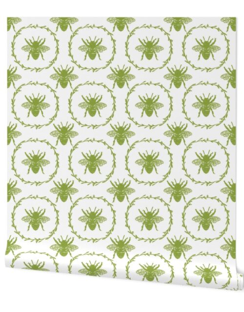 Large French Provincial Bees in Laurel Wreaths in Grass Green on White Wallpaper