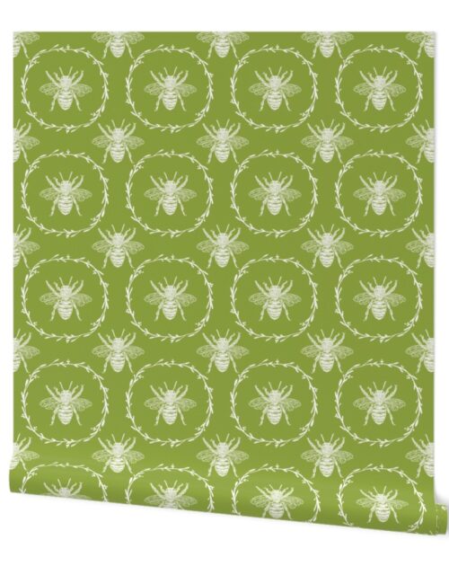 Large French Provincial Bees in Laurel Wreaths in White on Grass Green Wallpaper