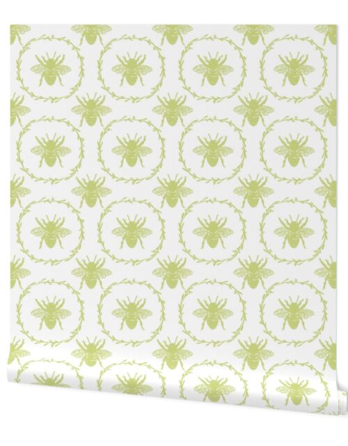 Large French Provincial Bees in Laurel Wreaths in New Green on White Wallpaper